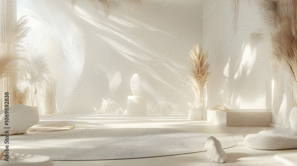 Minimalist white room with sunlight, pampas grass, and podiums. Minimalist white room with sunlight, pampas grass, and podiums.