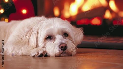 Serene Dog Relaxing by Cozy Christmas Fireplace with Festive Decorations Creating Warm Holiday Ambiance