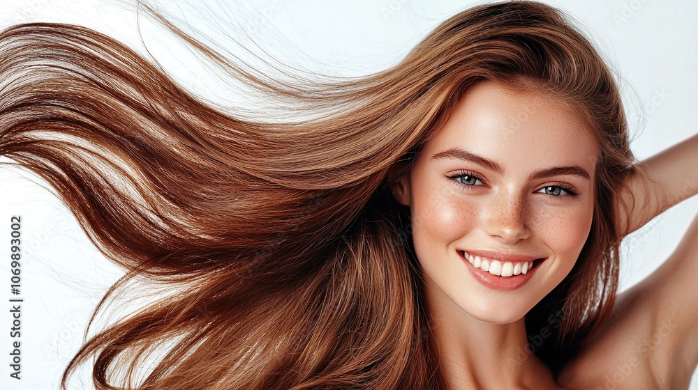 Fototapeta premium Young Woman with Radiant Smile and Flowing Hair