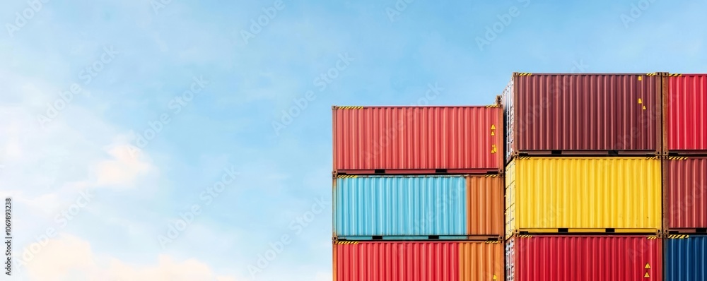 Fototapeta premium Colorful cargo containers, red yellow blue, stacked under bright sky, vibrant industrial scene, minimal clouds