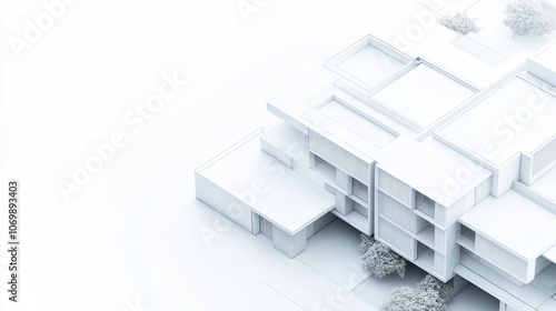 3D white blueprint of modern building with empty space for text, white background, architectural drawing, template concept