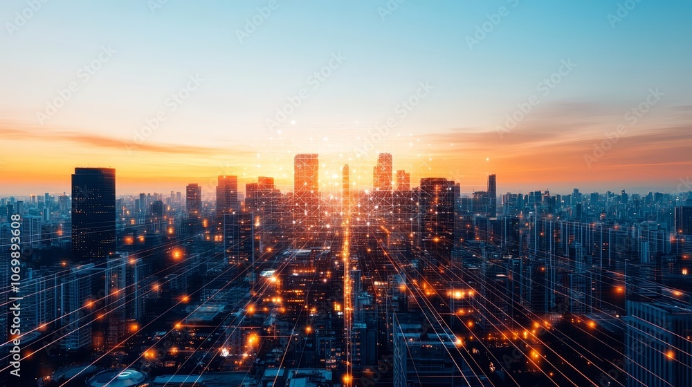 Fototapeta premium Futuristic city at sunset, digital overlay of network connections, technology-driven urban landscape, connected future