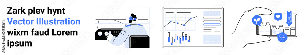 Man working at desk, computer screen with graphs and charts, hand holding smartphone with digital analytics. Ideal for business analysis, financial management, digital tools, data visualization Man working at desk, computer screen with graphs and charts, hand holding smartphone with digital analytics. Ideal for business analysis, financial management, digital tools, data visualization
