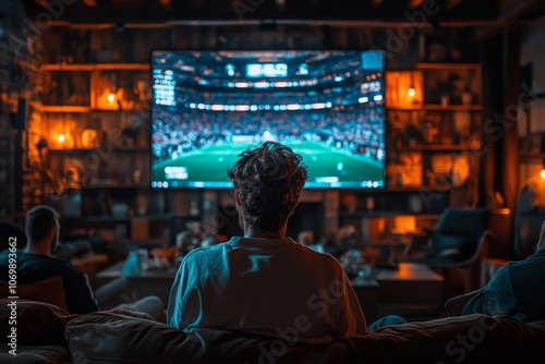 Friends gathered in a living room watching sports on a large TV, excitement and cheering. Generative AI