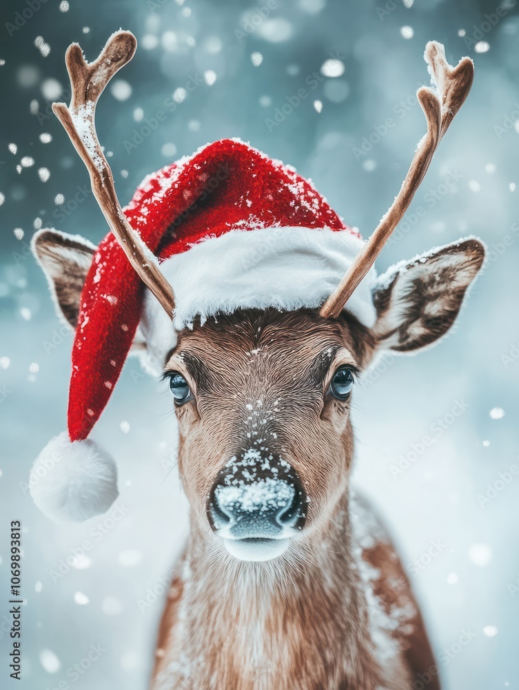 Obraz premium Cute reindeer in a red Santa hat on light background with snowflakes. Christmas mood concept, copy space