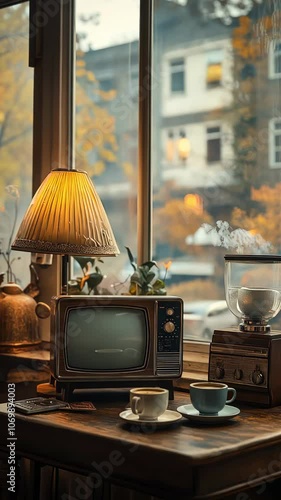 A cozy scene featuring a vintage TV, coffee grinder, and cups by a window with autumn views.