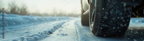 Winter driving scene, close-up of a car tire on snow, detailed tread marks, cold and icy road, focus on vehicle traction