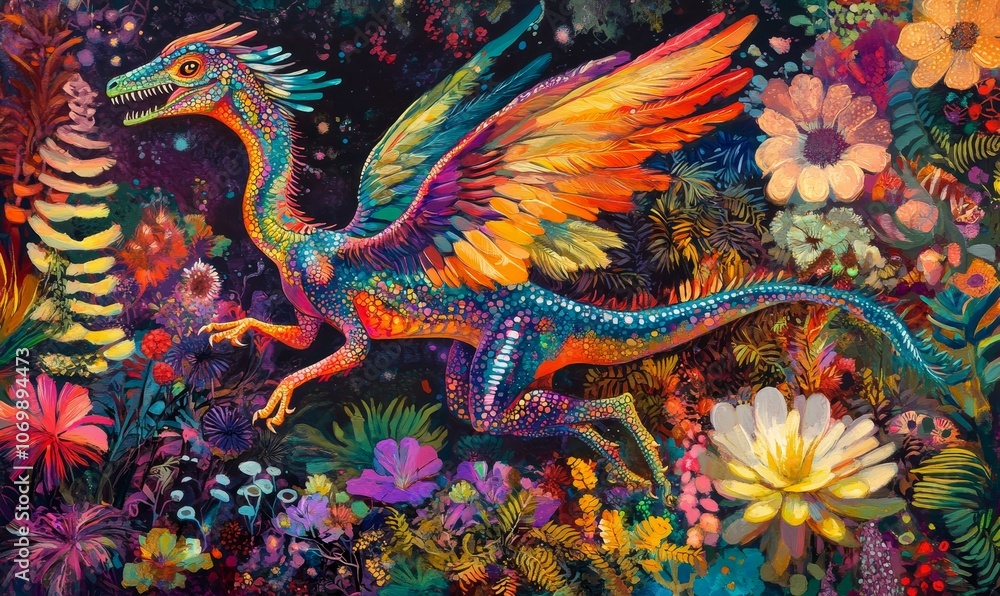 A colorful dragon flies over a field of flowers. A colorful dragon flies over a field of flowers.