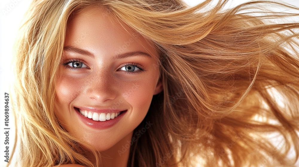 Young Woman with Radiant Smile and Flowing Hair Young Woman with Radiant Smile and Flowing Hair