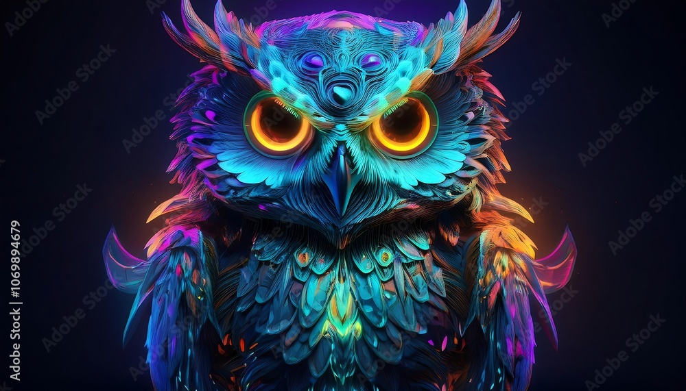 Psychedelic owl with bright colors and glowing eyes. Psychedelic owl with bright colors and glowing eyes.