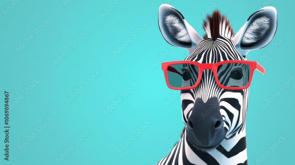Naklejka premium Zebra wearing sunglasses on pastel background in surreal concept for commercial and editorial use