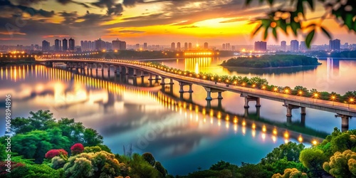 Stunning Aerial View of Haidian River Century Bridge in Haikou, Hainan, China with Bokeh Effect Showcasing Lush Greenery and Scenic Waterways at Sunset photo