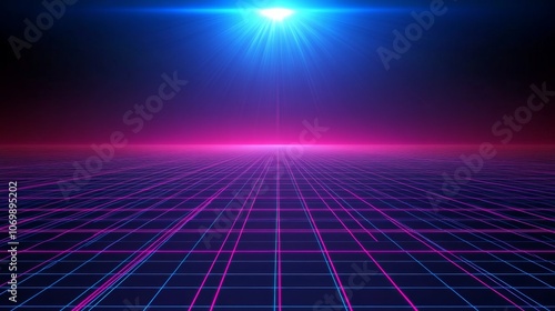 80s Synthwave Cyber Grid Landscape with Double Infinite Grid and 90s Retro Futuristic Style Lights.