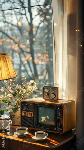 A cozy interior scene featuring a vintage television, lamp, flowers, and a cup of tea.