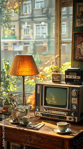 A cozy interior featuring a vintage television, lamp, and plants by a sunlit window.