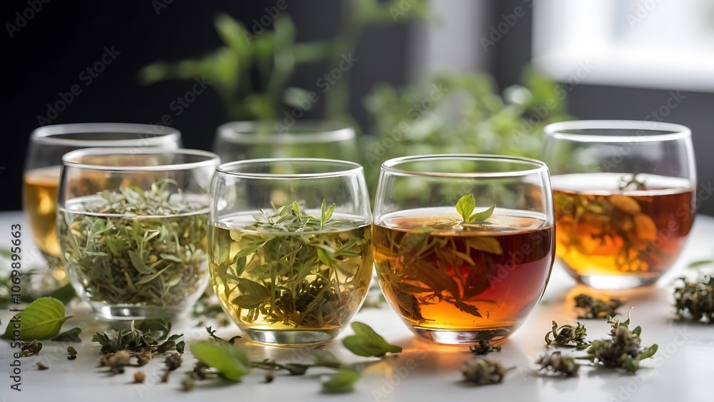 Assorted Herbal Teas in Clear Glass Cups Arranged on a Table With Fresh Herbs in Soft Natural Light Assorted Herbal Teas in Clear Glass Cups Arranged on a Table With Fresh Herbs in Soft Natural Light