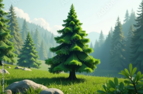 3D illustration: green fir tree in winter forest