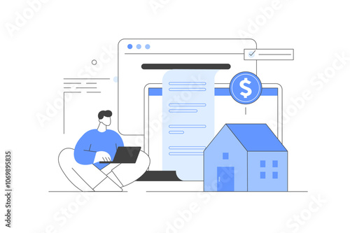Financial management. Character paying credit, mortgage, taxes and household invoice bills. Personal finances, loans and debt concept. Vector Illustration, icon. Stylish, Minimalist line, abstract