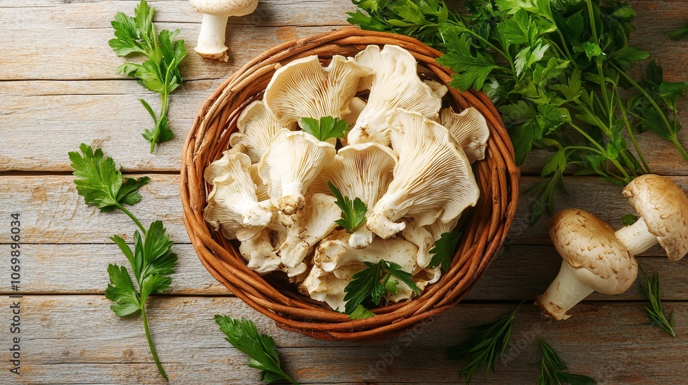 Fresh oyster mushrooms in a wicker basket with parsley on a rustic wooden table. Fresh oyster mushrooms in a wicker basket with parsley on a rustic wooden table.