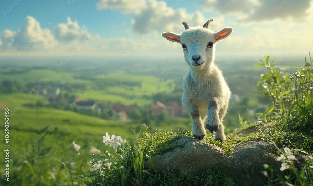 A white goat stands on a rock in a field. A white goat stands on a rock in a field.