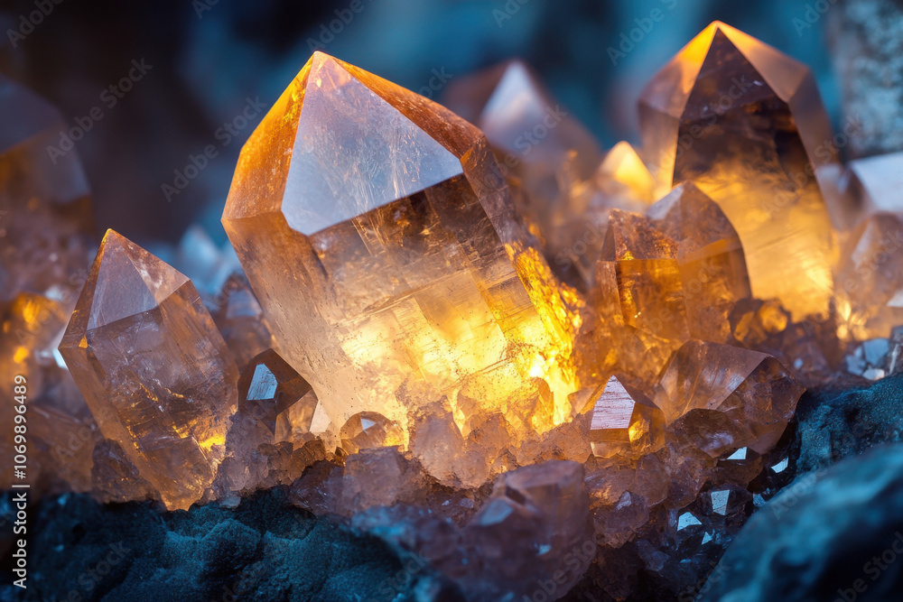 Golden light illuminates stunning quartz crystals, showcasing their natural beauty and intricate formations in a mystical, glowing display. Golden light illuminates stunning quartz crystals, showcasing their natural beauty and intricate formations in a mystical, glowing display.