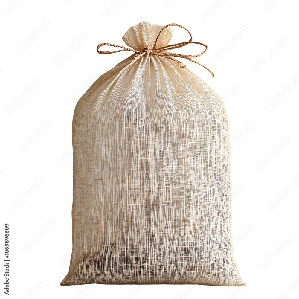 A simple, rustic burlap sack tied with a string, suggesting natural or artisanal contents, with a texture that adds a raw, earthy aesthetic, set against a transparent background