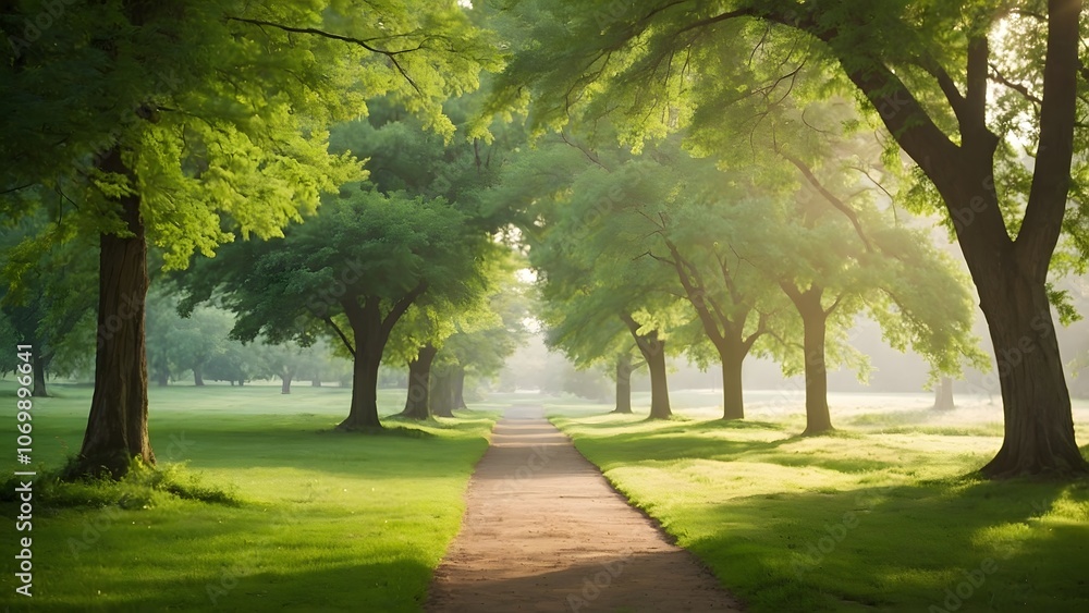 Obraz premium A Peaceful Morning Stroll Through a Tree-Lined Path in a Serene Green Park