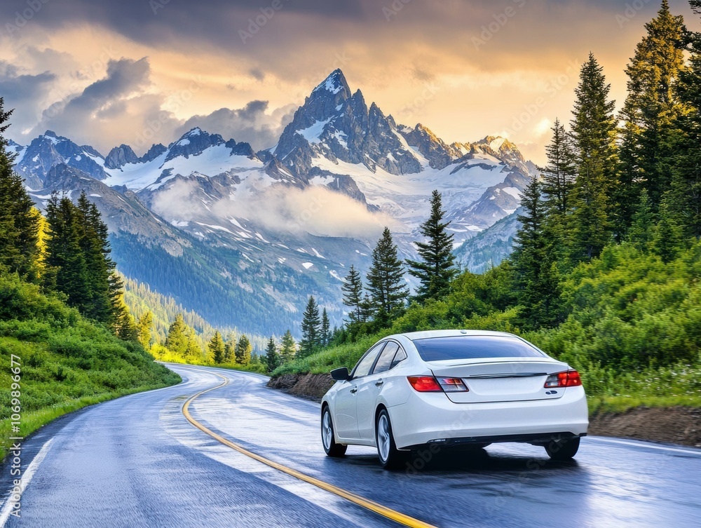 Driving through a scenic mountain pass. AI. Driving through a scenic mountain pass. AI.