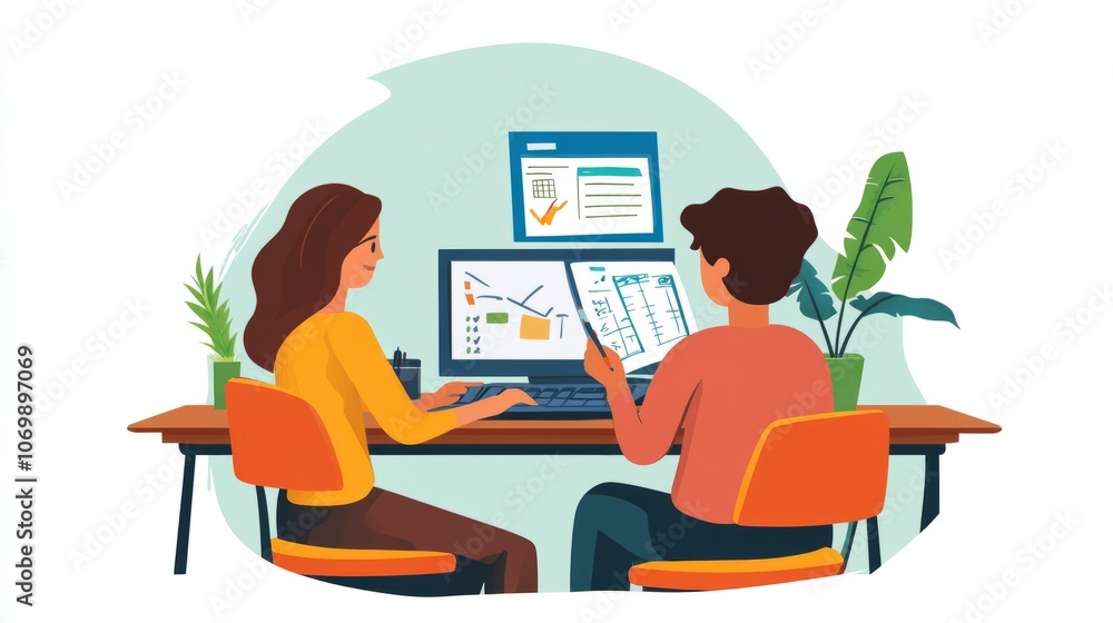 two coworkers discussing wotk at office two coworkers discussing wotk at office
