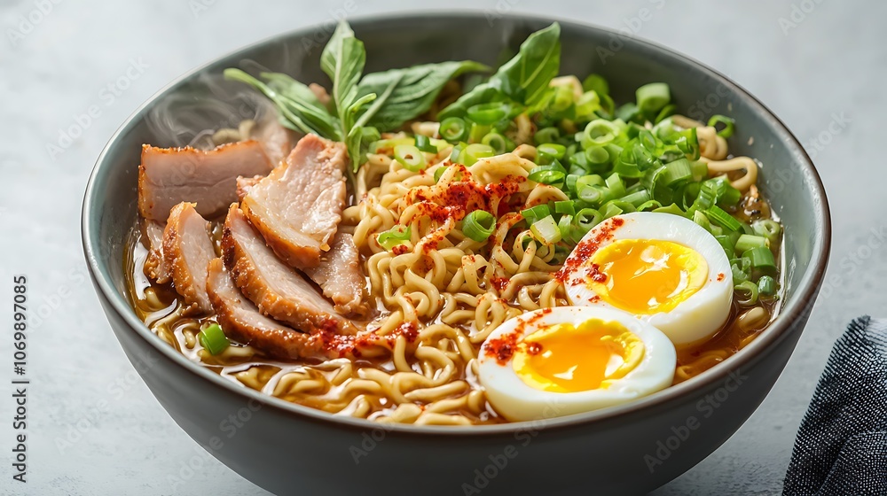 Delicious Ramen Noodle Soup with Pork Egg and Green Onions Delicious Ramen Noodle Soup with Pork Egg and Green Onions