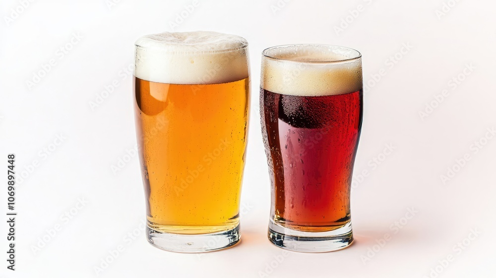 Two Glasses of Refreshing Beers Showcasing Golden and Amber Hues Generative AI Two Glasses of Refreshing Beers Showcasing Golden and Amber Hues Generative AI