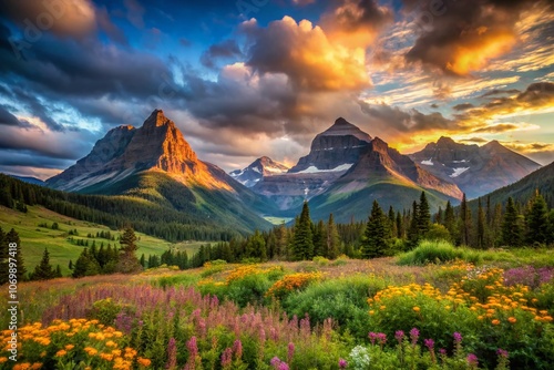 Stunning Lewis Mountain Range at Glacier National Park Captured with Rule of Thirds, Showcasing Majestic Peaks and Lush Valleys in Breathtaking Natural Beauty photo