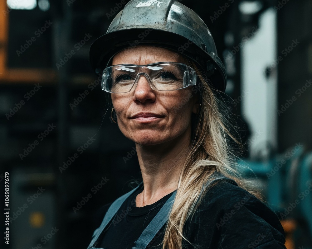 A woman in a hard hat and safety glasses looks confidently at the camera. AI. A woman in a hard hat and safety glasses looks confidently at the camera. AI.
