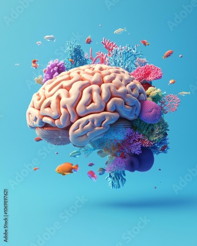 A brain surrounded by coral and fish. AI.