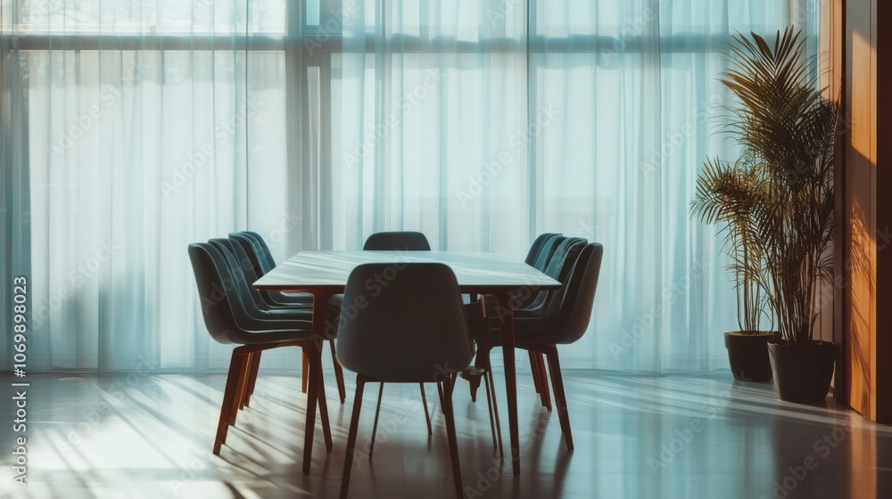 The meeting room is designed to be suitable and convenient for working in the office. There are tables and chairs in a wide area without people.