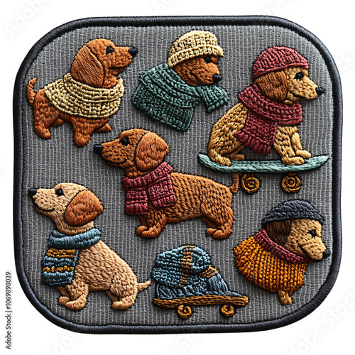 Multiple dachshund patches on a grey background, each wearing different winter accessories, capturing a playful and heartwarming theme in vibrant embroidery, set against a transparent background photo