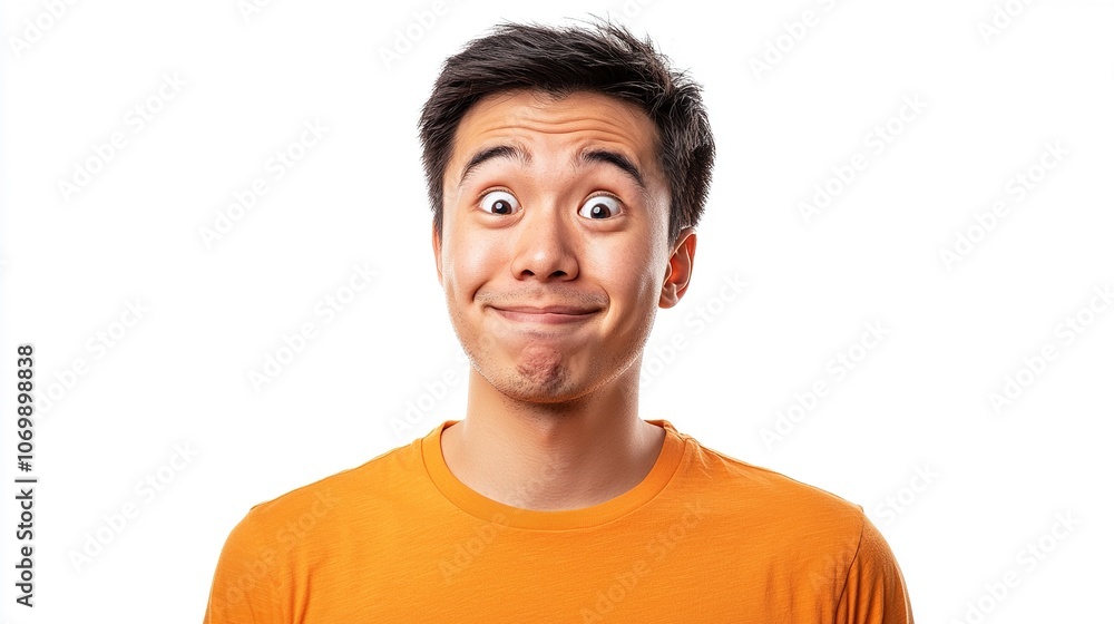 Fototapeta premium Young Man in Orange Shirt with Expressive Smile