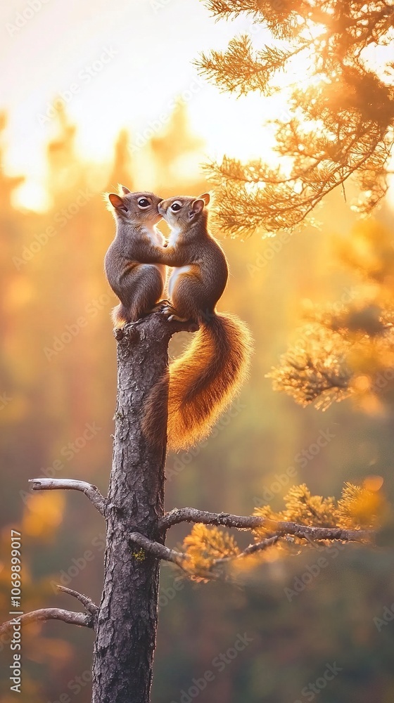 Obraz premium An image of a squirrel couple close together in a tall pine tree branch at sunset, set in a Finnish summer landscape. generative ai