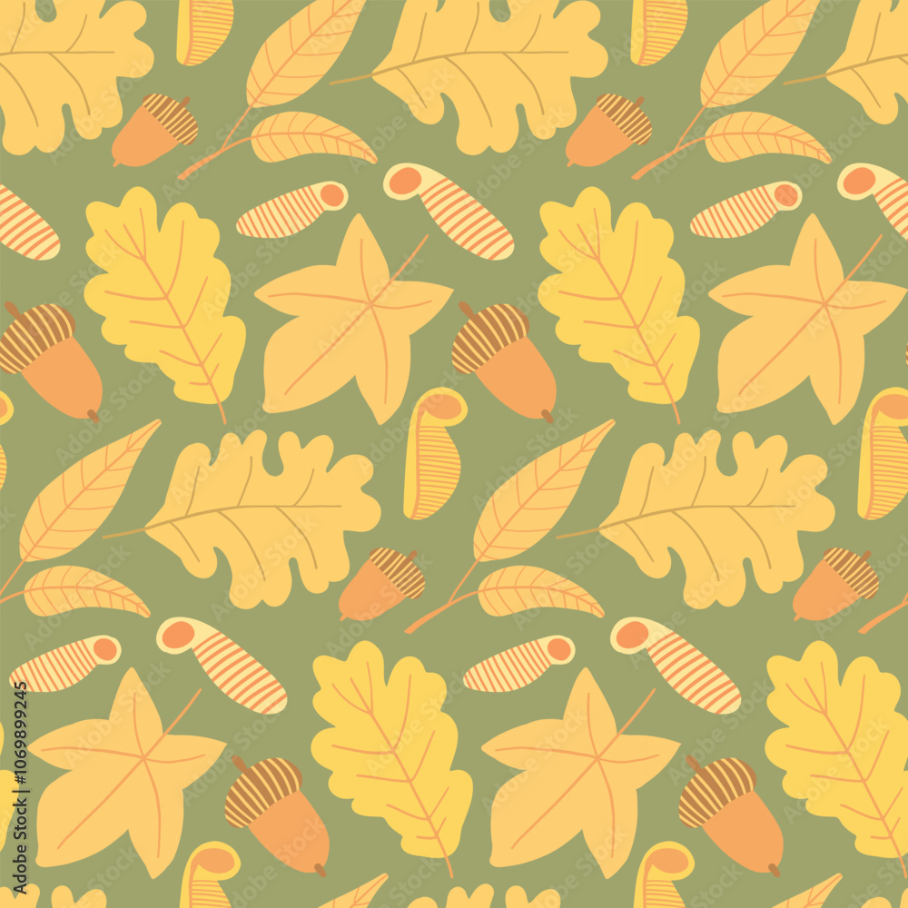 Fototapeta premium Pattern featuring yellow oak leaves and acorns, perfect for autumnal designs, rustic decor, and woodland-inspired fall projects that celebrate nature and seasonal beauty.