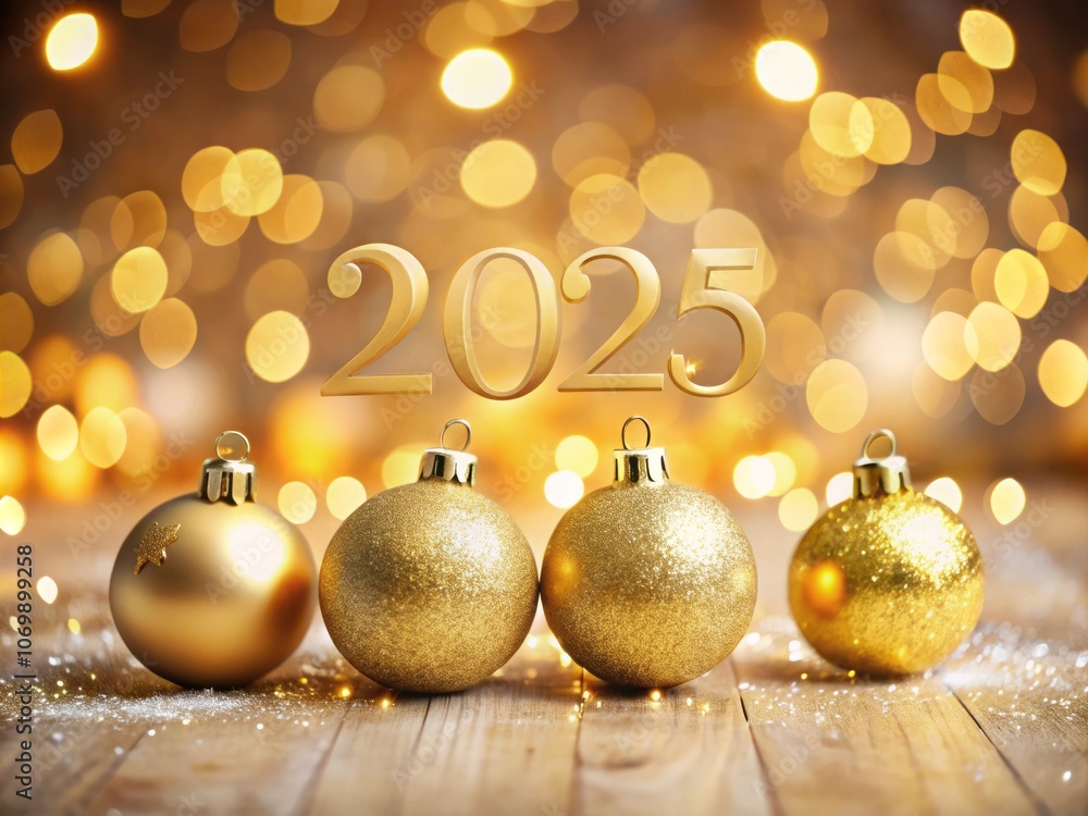 2025 Happy New Year Greeting Card with Golden Christmas Baubles and Bokeh Lights - Festive Template for New Year Celebration Banner and Card Design 2025 Happy New Year Greeting Card with Golden Christmas Baubles and Bokeh Lights - Festive Template for New Year Celebration Banner and Card Design