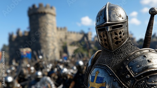 Detailed image of a medieval knight clad in steel armor, standing guard at fortress gates with historical essence. AI generated photo