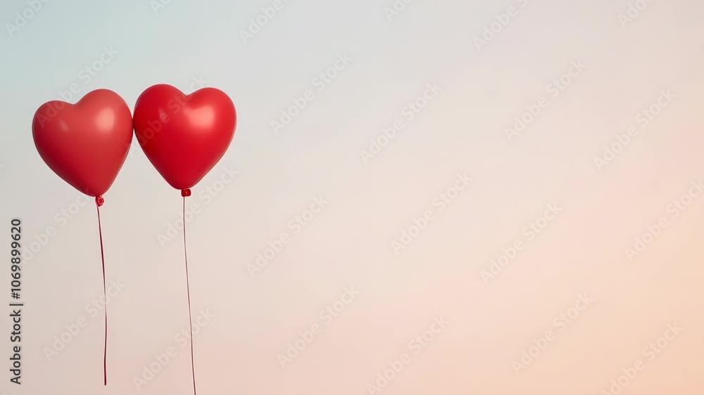 Two red heart balloons touching each other. Valentine's Day romantic scene. Love story concept. Holiday animation with copy space Two red heart balloons touching each other. Valentine's Day romantic scene. Love story concept. Holiday animation with copy space