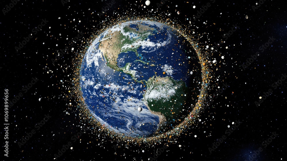 Obraz premium 3D illustration of Earth surrounded by space debris and defunct satellites, emphasizing the issue of space pollution and its environmental impacts.