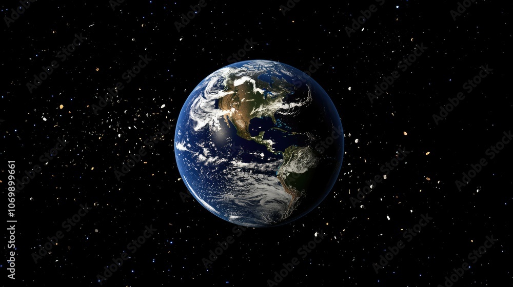 Obraz premium 3D illustration of Earth surrounded by space debris and defunct satellites, emphasizing the issue of space pollution and its environmental impacts.