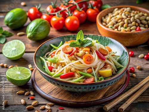 A Colorful and Flavorful Thai Papaya Salad Dish Showcasing Fresh Ingredients, Vibrant Colors, and Authentic Presentation for Culinary and Food Photography