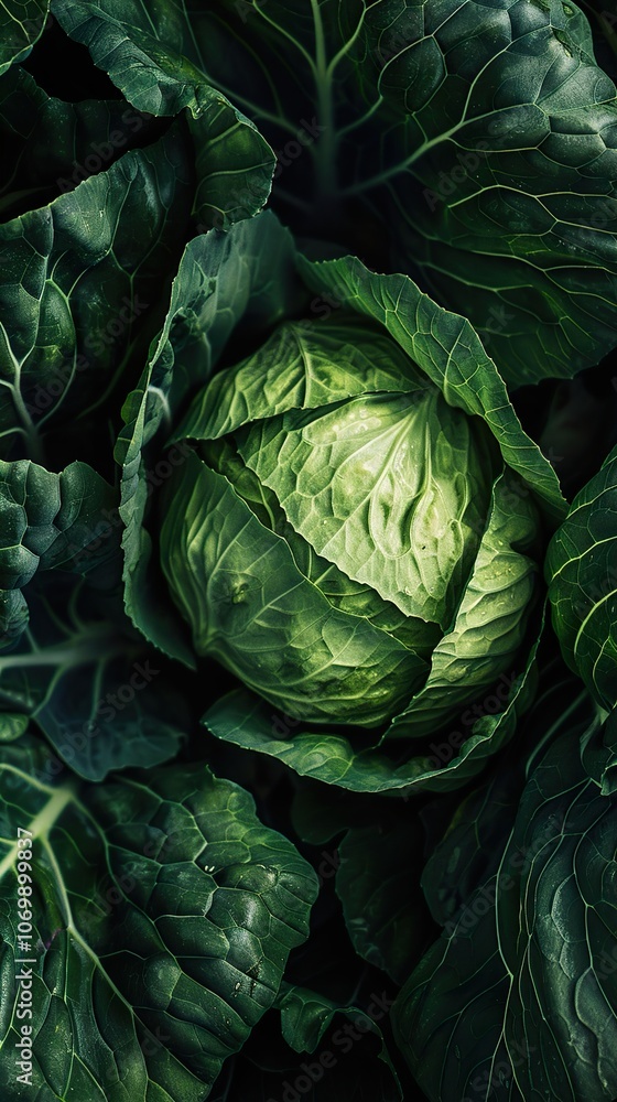 Obraz premium Close-up of a Fresh Green Cabbage Head in a Garden