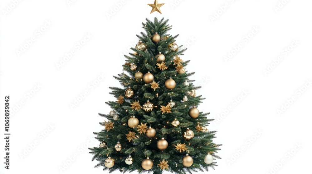 A detailed Christmas tree with golden ornaments and star topper, photorealistic style, isolated on white background A detailed Christmas tree with golden ornaments and star topper, photorealistic style, isolated on white background