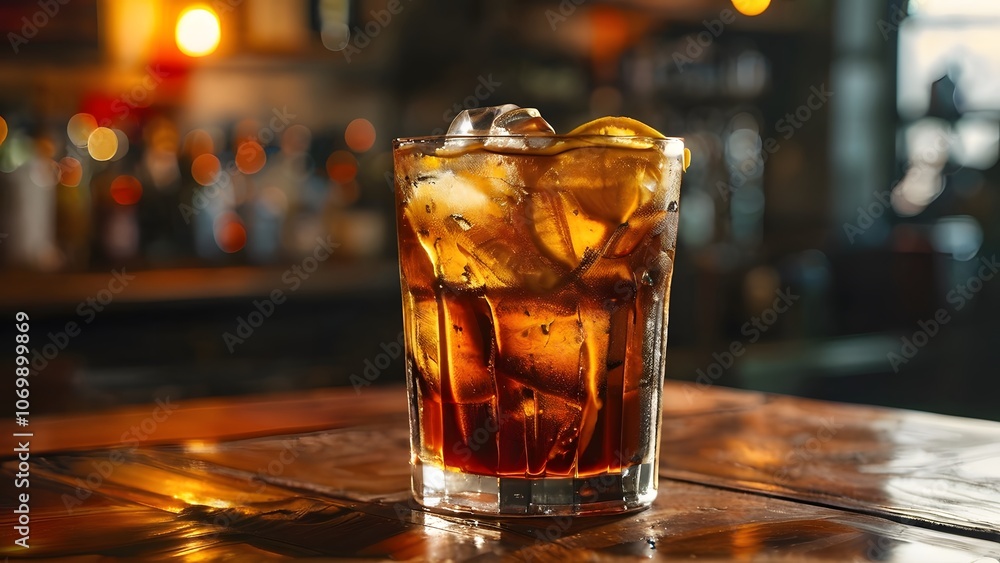 Beautifully Served Long Island Iced Tea Cocktail with Ice in Cozy Bar: Inviting and Refreshing Beverage Display Beautifully Served Long Island Iced Tea Cocktail with Ice in Cozy Bar: Inviting and Refreshing Beverage Display