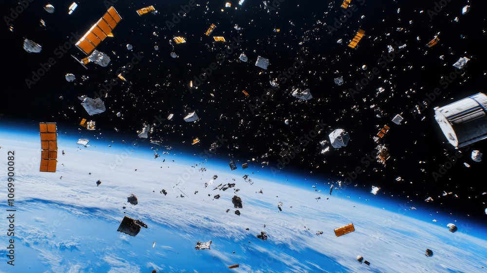 Fototapeta premium 3D view of Earth's orbit filled with space debris, depicting the dangers and complexities of overcrowded space environments.