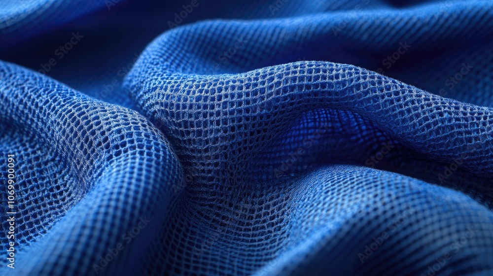 Close-Up of Textured Blue Fabric with Waffle-Like Pattern and Soft Folds, Highlighting Its Intricate Weave and Play of Light and Shadow, Perfect for Activewear or Performance Materials Close-Up of Textured Blue Fabric with Waffle-Like Pattern and Soft Folds, Highlighting Its Intricate Weave and Play of Light and Shadow, Perfect for Activewear or Performance Materials